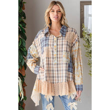 Blue washed Ruffle Lace Hem Button Up Plaid Oli+Hali Shirt