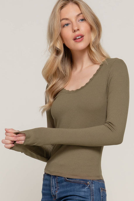 Army Olive Long Sleeve Scoop Neck with Lace Trim Rib Knit Top