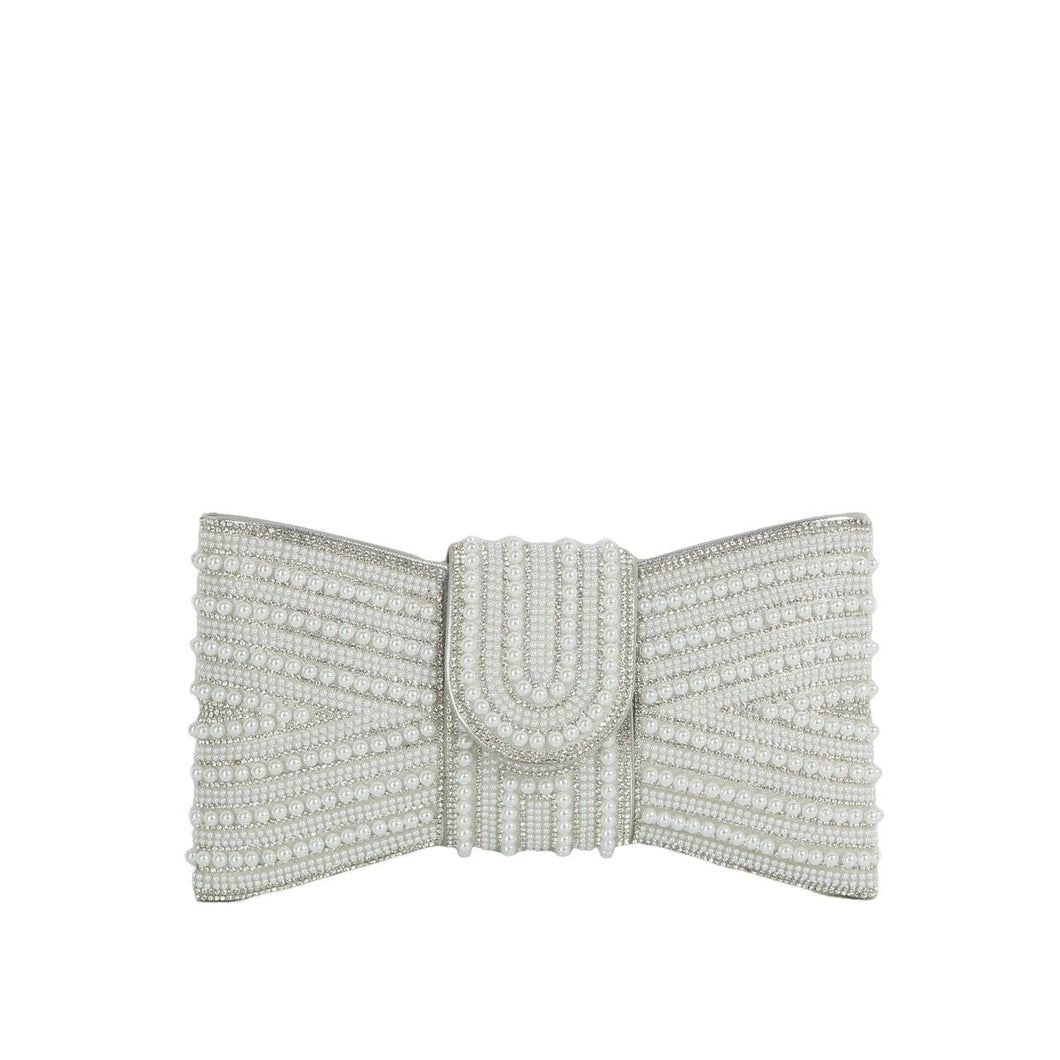 Silver Beaded Bow Evening Clutch with Pearl and Rhinestone Detailing