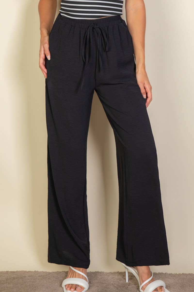 Drawstring waist wide leg minimalist pants: Black / S