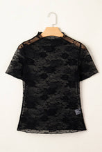 Black Sheer Floral Lace Mesh Mock Neck Long Sleeve Top