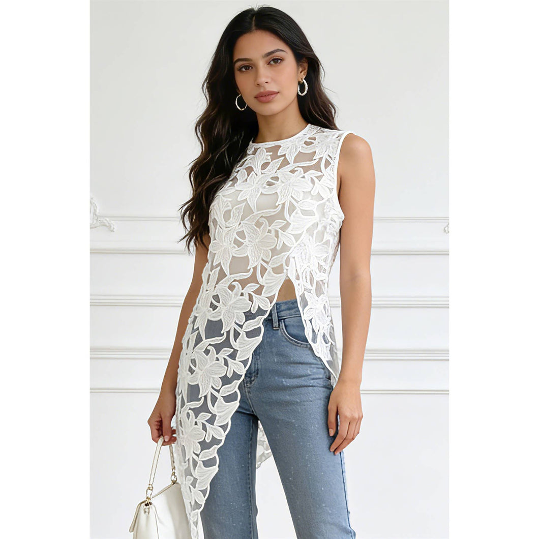 white Floral Embroidery Sheer Asymmetrical Top