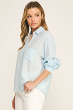 Light Blue Pearl Pocket Relaxed Button Down Blouse