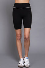 Black Off White Waist Band Workout Biker Shorts with Contrast Piping