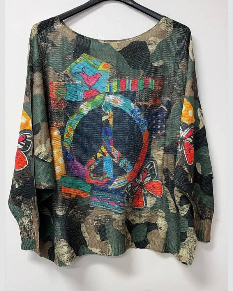 Olive Camo Peace Printed Sweater