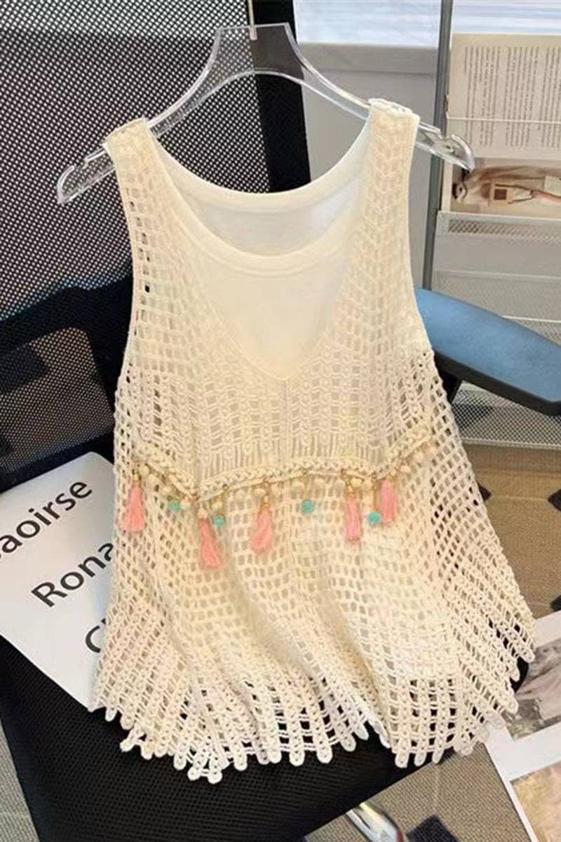 Beige Sleeveless Crochet Tank Top