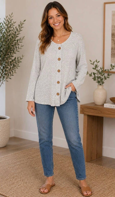 Heather Grey Long Sleeve Button Top