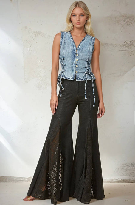 Black Denim Lace Wide Leg Jeans