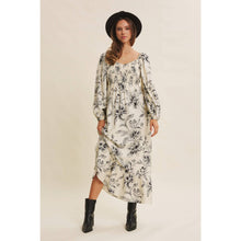 Cream Charcoal Cozy Fall Picnic Floral Smocked Maxi Dress