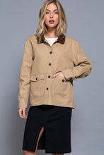 Khaki Long Sleeve Corduroy Collar Detail Cotton Twill Work Jacket