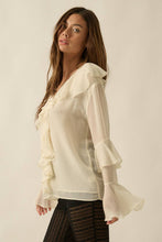 Cream Sheer Chiffon Tie-Front Ruffled Poet Blouse