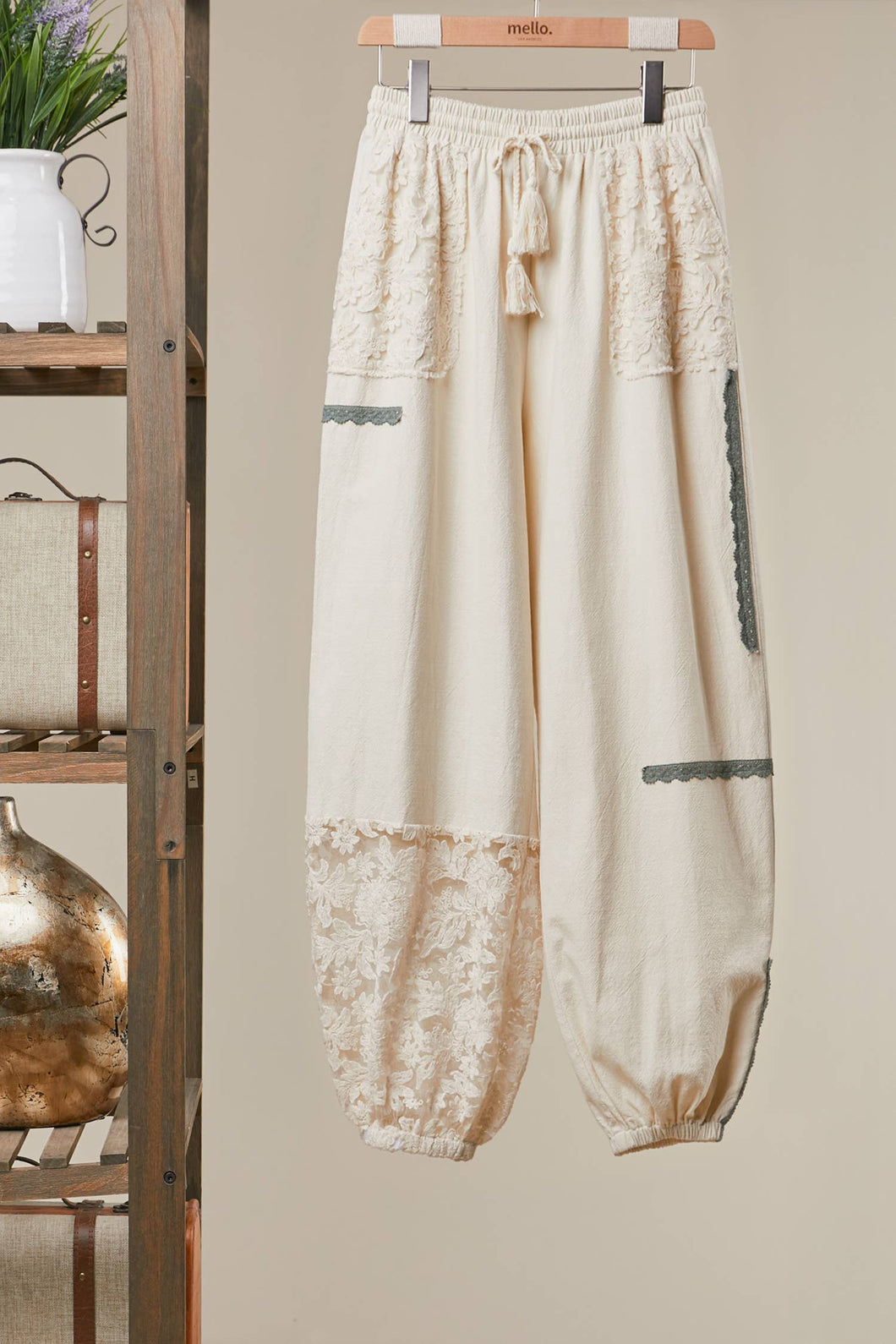 Cream Lace Accents Patchwork Crochet Jogger Mello Pants