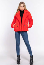 Orange Long Sleeve Notched Collar Side Pocket Sherpa Jacket
