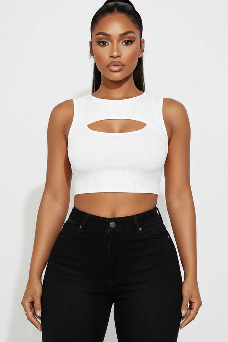 White Ribbed Cut Out Front Crop Top