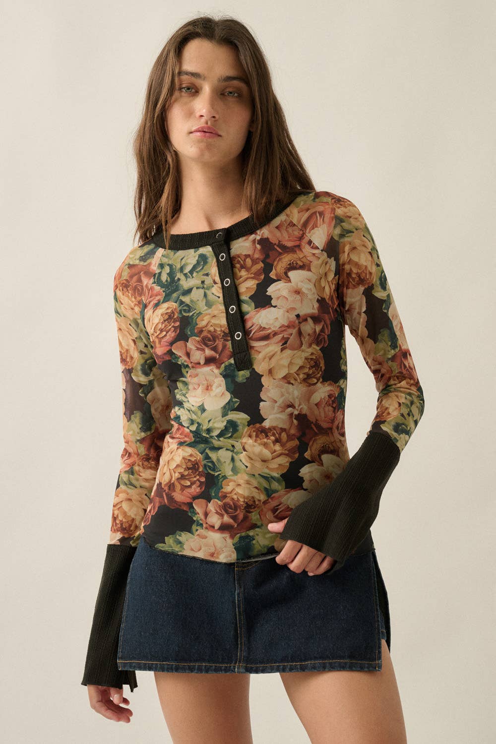 Black Floral Mesh Split-Cuff Raglan-Sleeve Henley Top