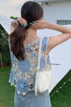 Blue Floral Crochet Sleeveless Knit Vest