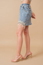 Medium Wash Stretch Denim Embellished Pearl Fringe Mini Skirt