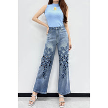 Blue Floral Lace Cutout Embellished Denim Pants