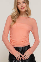 Peach Long Sleeve Crew Neck Side Ruched Detail Mesh Top