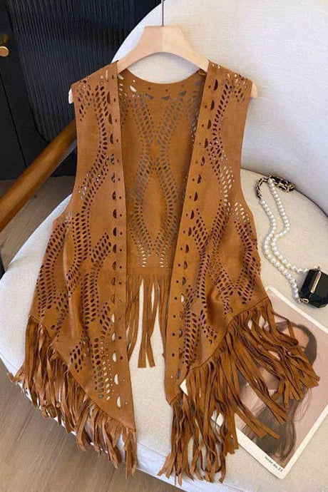 Khaki Fringe Detail Sleeveless Vest