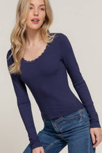 Navy Long Sleeve Scoop Neck with Lace Trim Rib Knit Top