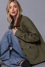 Olive Long Sleeve Corduroy Collar Detail Cotton Twill Work Jacket