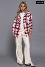 Ivory Wine Plus Long Slv Plaid Button Down Hoodie Fleece Jacket