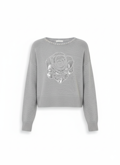 Camellia Rhinestone Sweater Cropped Knit Pullover: Grey / Missy, Contemporary / One Size