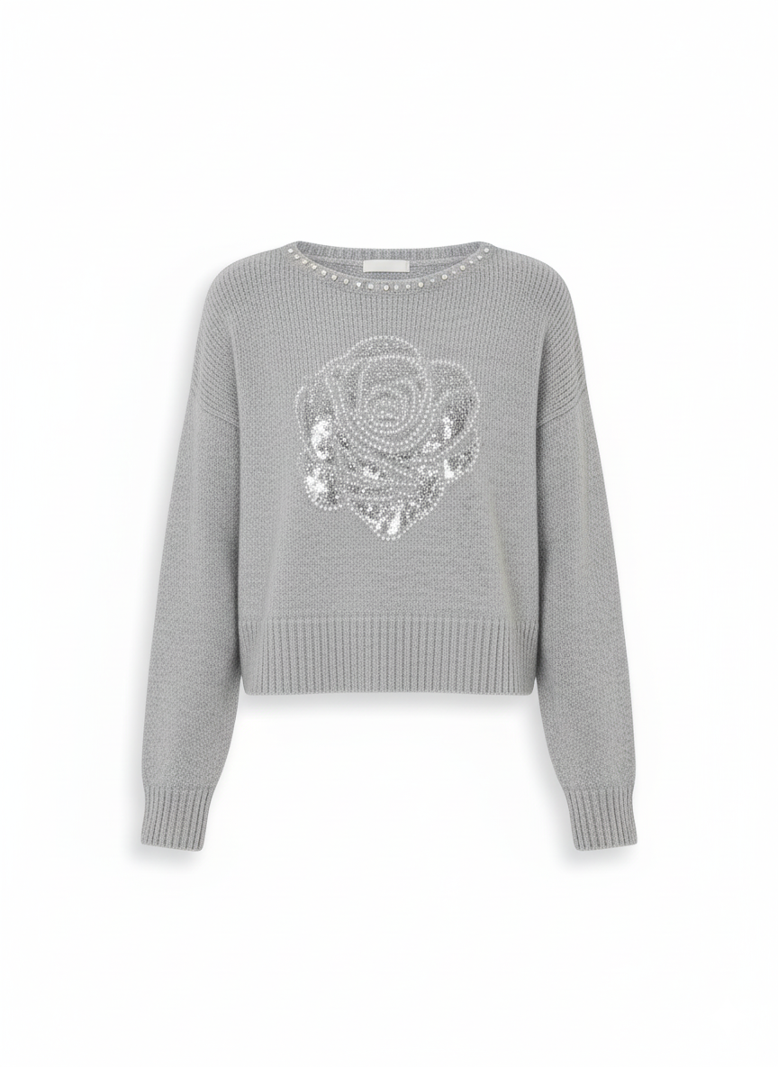 Camellia Rhinestone Sweater Cropped Knit Pullover: Grey / Missy, Contemporary / One Size