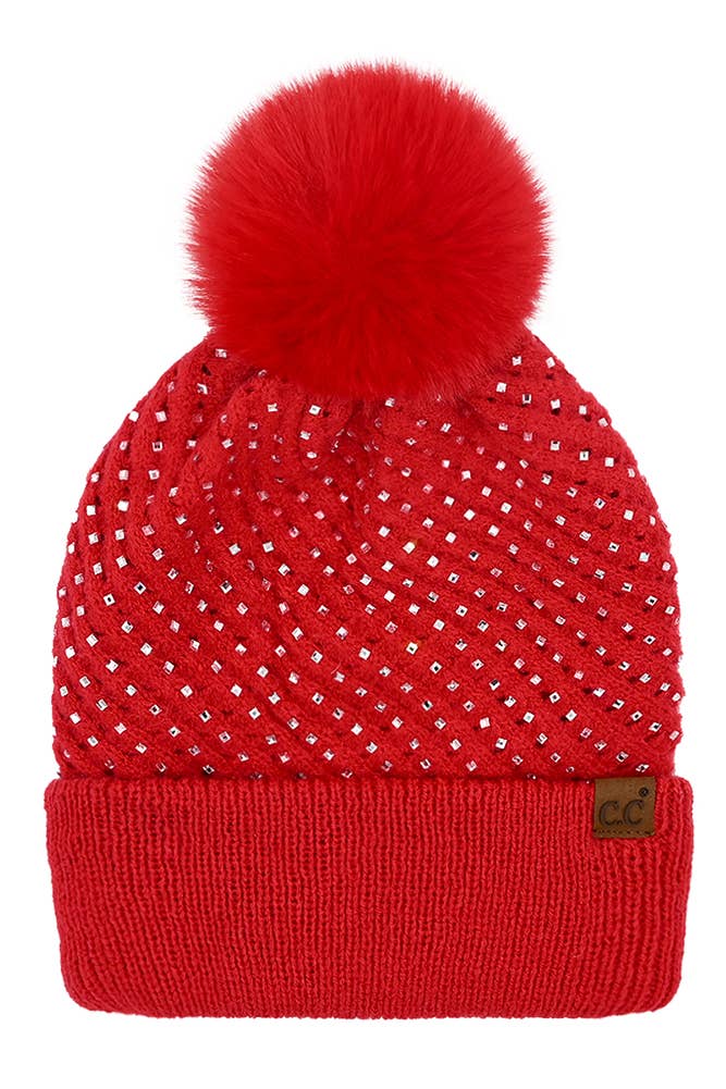 Allover Rhinestone Pom Beanie: Red – B'Dazzled Shop
