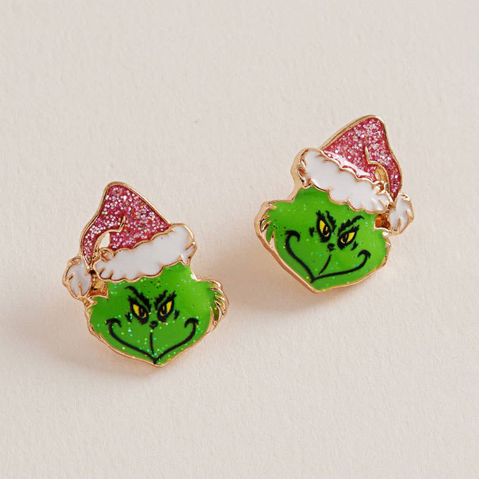 Pink Holiday Grinch Green Monster Stud Earrings