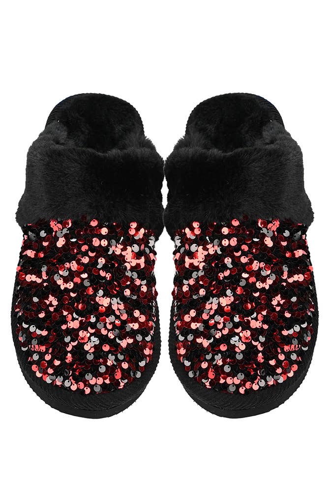 Red C.C Sequin Cuff Winter Slippers