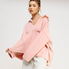 V-NECK POLO OVERSIZED PULLOVER SWEATSHIRT TOP-FZ0015-D2: HEATHER GREY / S