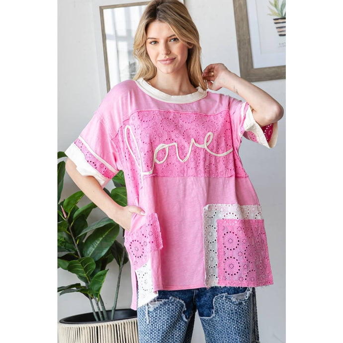 Pink Washed Eyelet Colorblock Love Oli&Hali Tee Shirt
