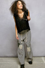 Black V-neck Diamond Weave Crochet Sleeveless Knit POL Top