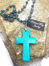 Vintage Blue Crystal Statement Necklace with Cross Charm