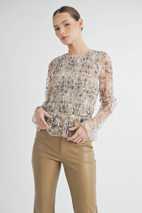 Cream Sheer Smocked Embroidered Mesh Peplum Top
