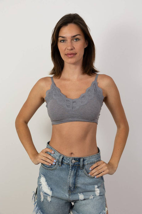 Grey Ultra Soft Lace Trim Ribbed Padded Seamless Bralette