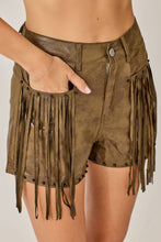 Olive Faux Leather Fringe Studded High Rise Shorts