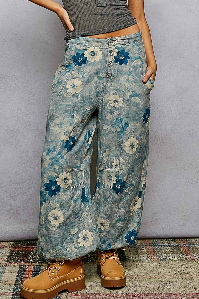 Navy Multi Printed Twill Relaxed Fit Floral POL Pants