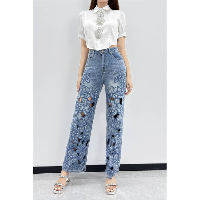 Blue Embroidered Cutout Straight Leg Jeans