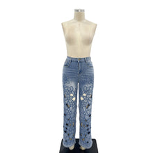 Blue Embroidered Cutout Straight Leg Jeans