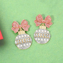 Gold Pink White Christmas Bow Ornament Drop Earrings