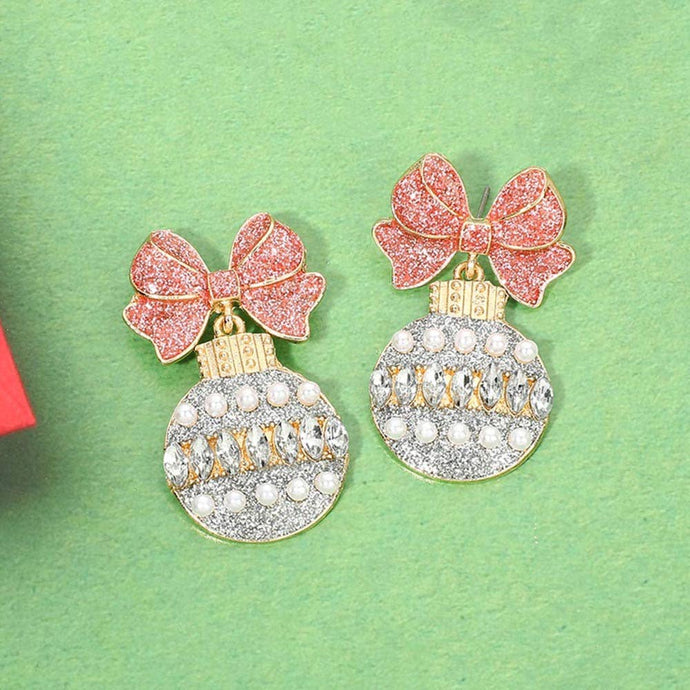 Gold Pink White Christmas Bow Ornament Drop Earrings