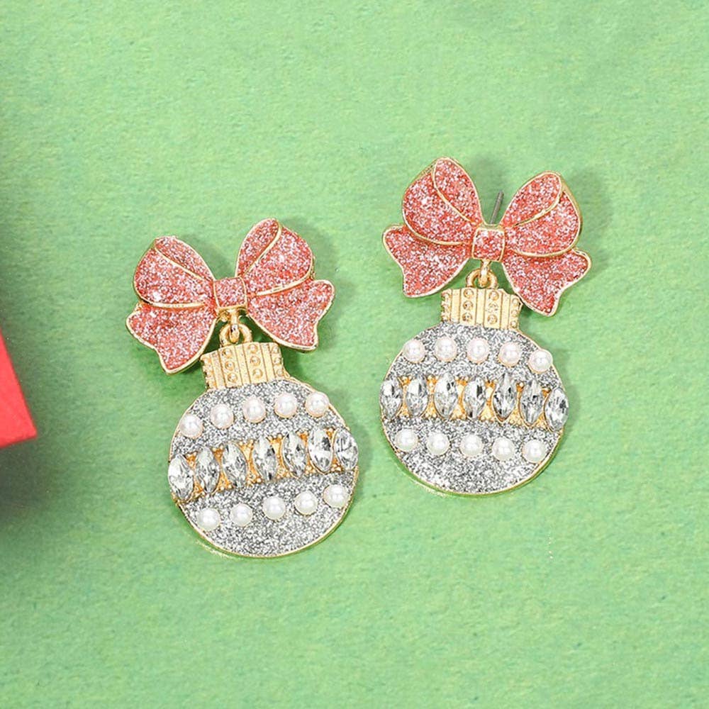Gold Pink White Christmas Bow Ornament Drop Earrings