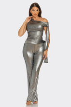 Black Asymmetrical Shoulder Shirring Tie Top & Pants Set
