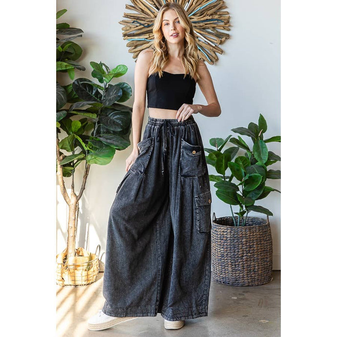 Black Washed 3D Pocket Slouchy Wide Leg Oli+Hali Pants