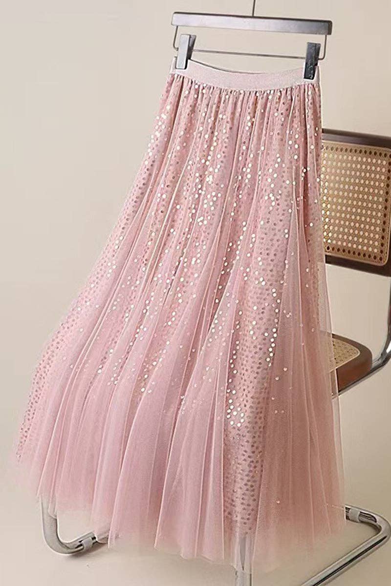 Pink Sequined Elegant Midi Skirt