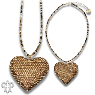 Gold Rhinestone heart pendant on faceted glass bead necklace