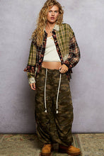 Black Olive Long sleeve plaid patchwork floral ruffle detail shirt POL top